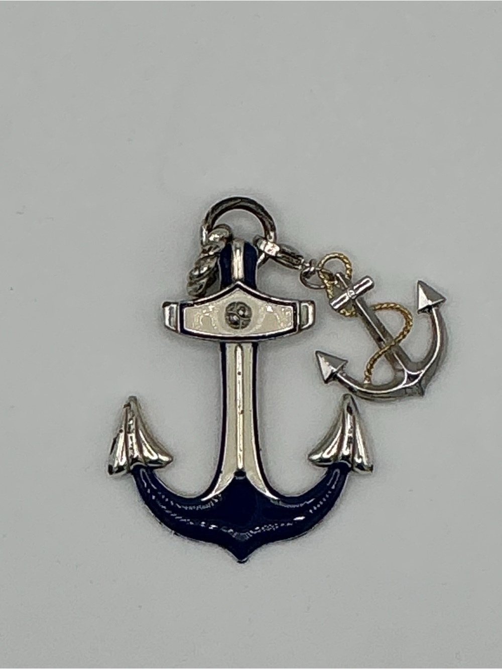 Nautical Pendant Anchor Silver tone Frame w/ Glossy Navy & White Enamel Fill 2"
